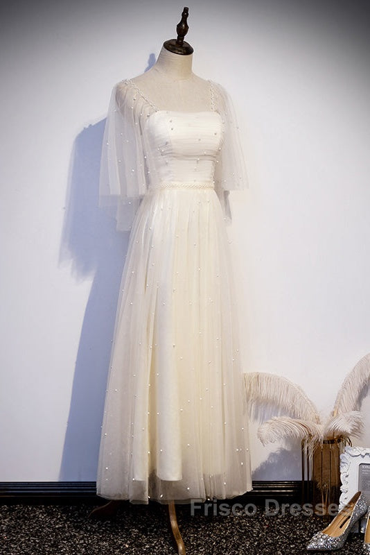 Light Champagne Short Sleeves Long Wedding Party Dress, Cute Formal Prom Dress Secondary image