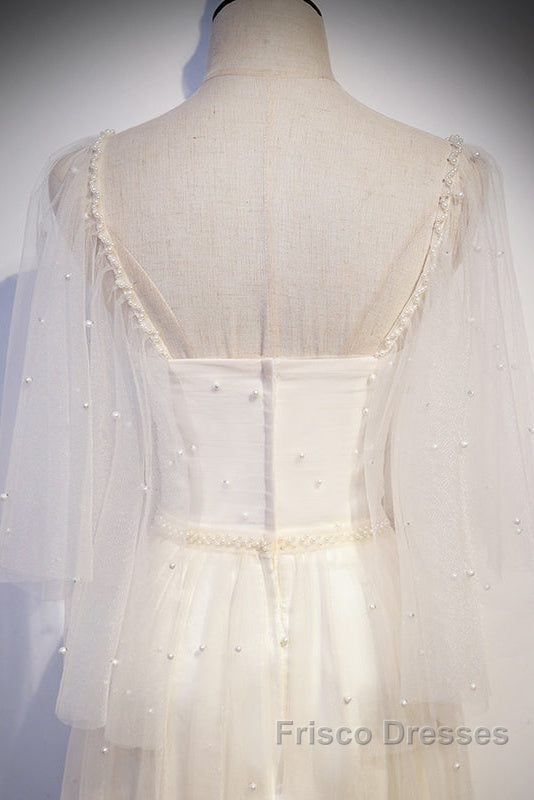 Light Champagne Short Sleeves Long Wedding Party Dress, Cute Formal Prom Dress