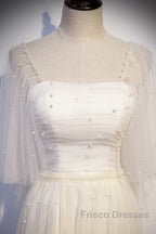 Light Champagne Short Sleeves Long Wedding Party Dress, Cute Formal Prom Dress