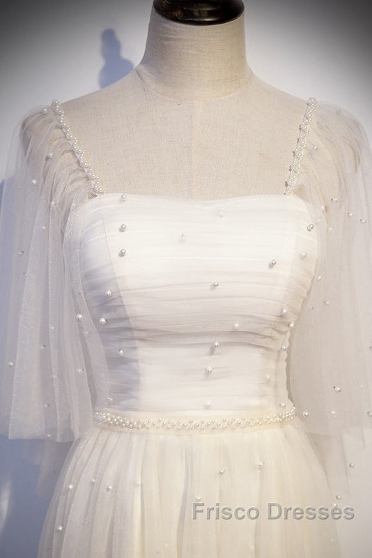 Light Champagne Short Sleeves Long Wedding Party Dress, Cute Formal Prom Dress