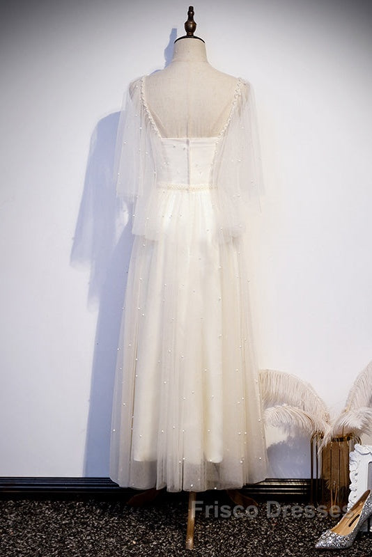 Light Champagne Short Sleeves Long Wedding Party Dress, Cute Formal Prom Dress
