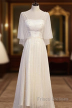 Light Champagne Short Sleeves Long Wedding Party Dress, Cute Formal Prom Dress