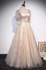 Light Champagne Short Sleeves Tulle Long Formal Dress, A-Line Floor Length Party Dresses