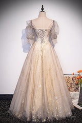 Light Champagne Short Sleeves Tulle Long Formal Dress, A-Line Floor Length Party Dresses