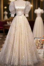 Light Champagne Short Sleeves Tulle Long Formal Dress, A-Line Floor Length Party Dress