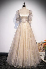 Light Champagne Short Sleeves Tulle Long Formal Dress, A-Line Floor Length Party Dresses