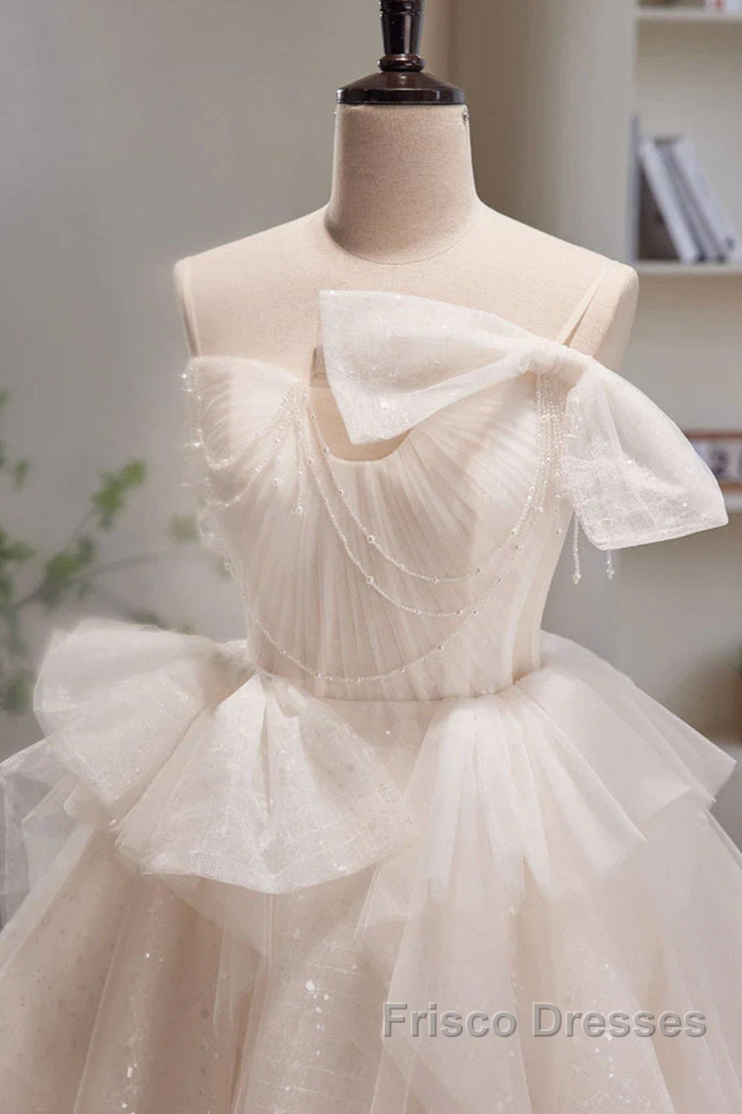 Light Champagne Short Tulle Formal Prom Dress, Short Light Champagne Formal Graduation Dress