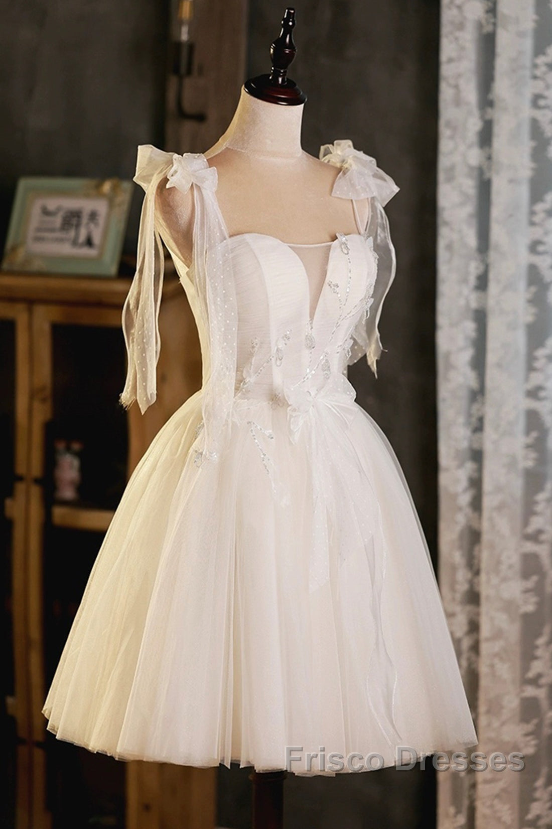 Light Champagne Spaghetti Strap Short Formal Prom Dress, Cute A-Line Tulle Evening Party Dress Secondary image