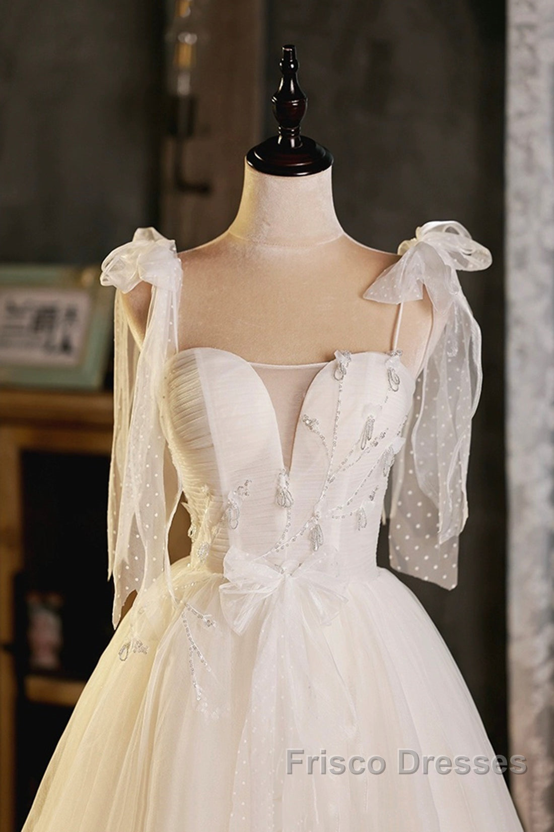 Light Champagne Spaghetti Strap Short Formal Prom Dress, Cute A-Line Tulle Evening Party Dress