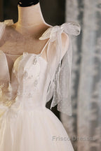 Light Champagne Spaghetti Strap Short Formal Prom Dress, Cute A-Line Tulle Evening Party Dress