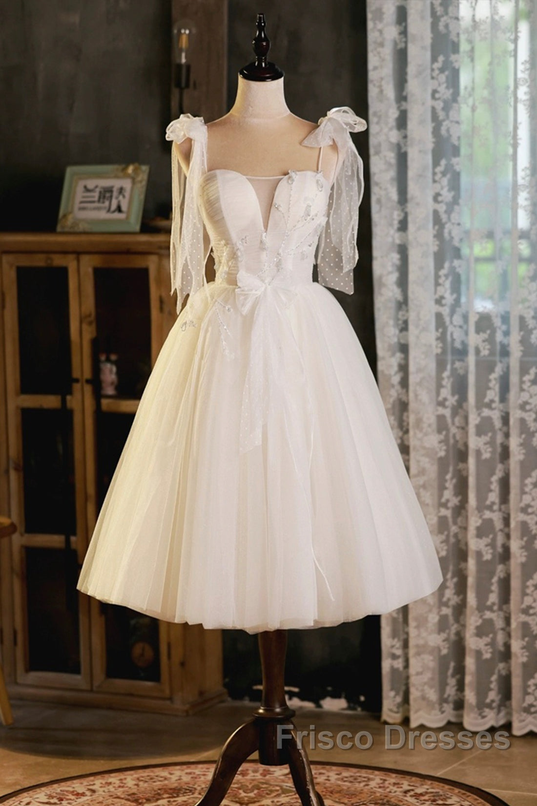 Light Champagne Spaghetti Strap Short Formal Prom Dress, Cute A-Line Tulle Evening Party Dress