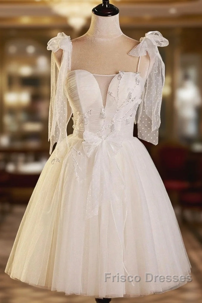 Light Champagne Spaghetti Strap Short Formal Prom Dress, Cute A-Line Tulle Evening Party Dress Main image