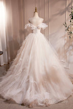 Light Champagne Spaghetti Strap Tulle Long Formal Prom Dress, Beautiful A-Line Formal Dress