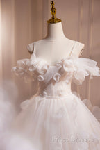 Light Champagne Spaghetti Strap Tulle Long Formal Prom Dress, Beautiful A-Line Formal Dress
