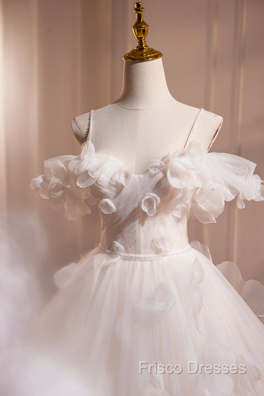 Light Champagne Spaghetti Strap Tulle Long Formal Prom Dress, Beautiful A-Line Formal Dress