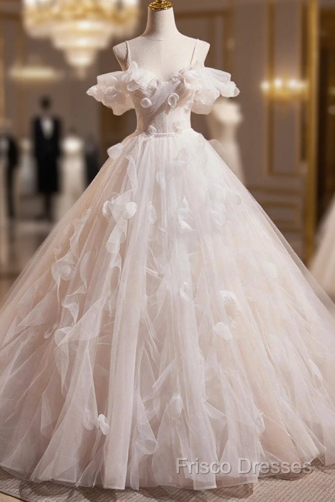 Light Champagne Spaghetti Strap Tulle Long Formal Prom Dress, Beautiful A-Line Formal Dress