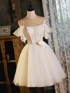 Light Champagne Spaghetti Strap Tulle Party Dress, Beautiful A-Line Evening Prom Dress
