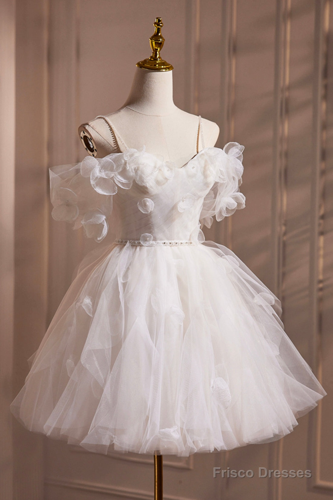 Light Champagne Spaghetti Strap Tulle Short Prom Dress, Beautiful A-Line Evening Party Dress