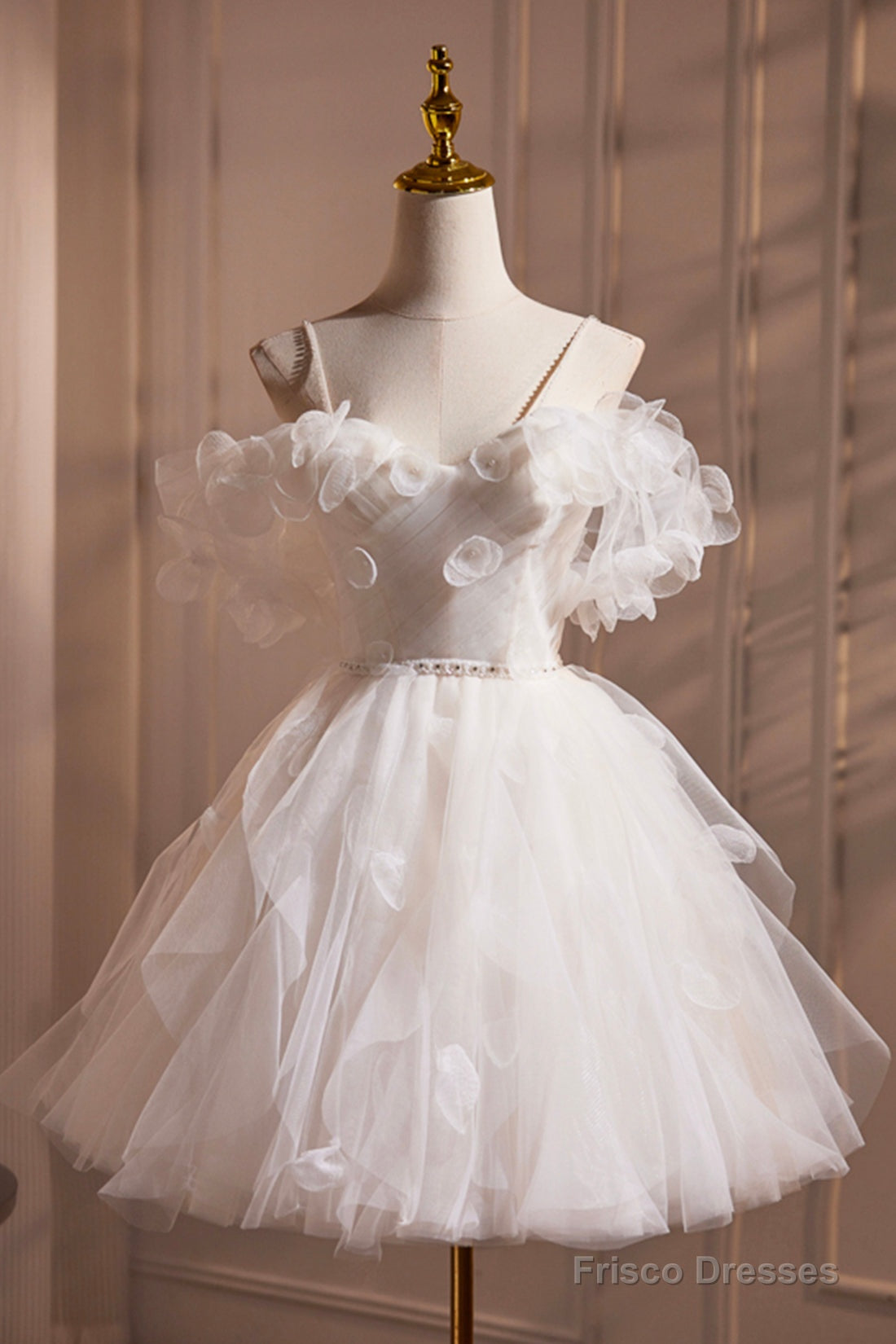 Light Champagne Spaghetti Strap Tulle Short Prom Dress, Beautiful A-Line Evening Party Dress