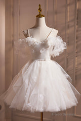 Light Champagne Spaghetti Strap Tulle Short Prom Dress, Beautiful A-Line Evening Party Dress