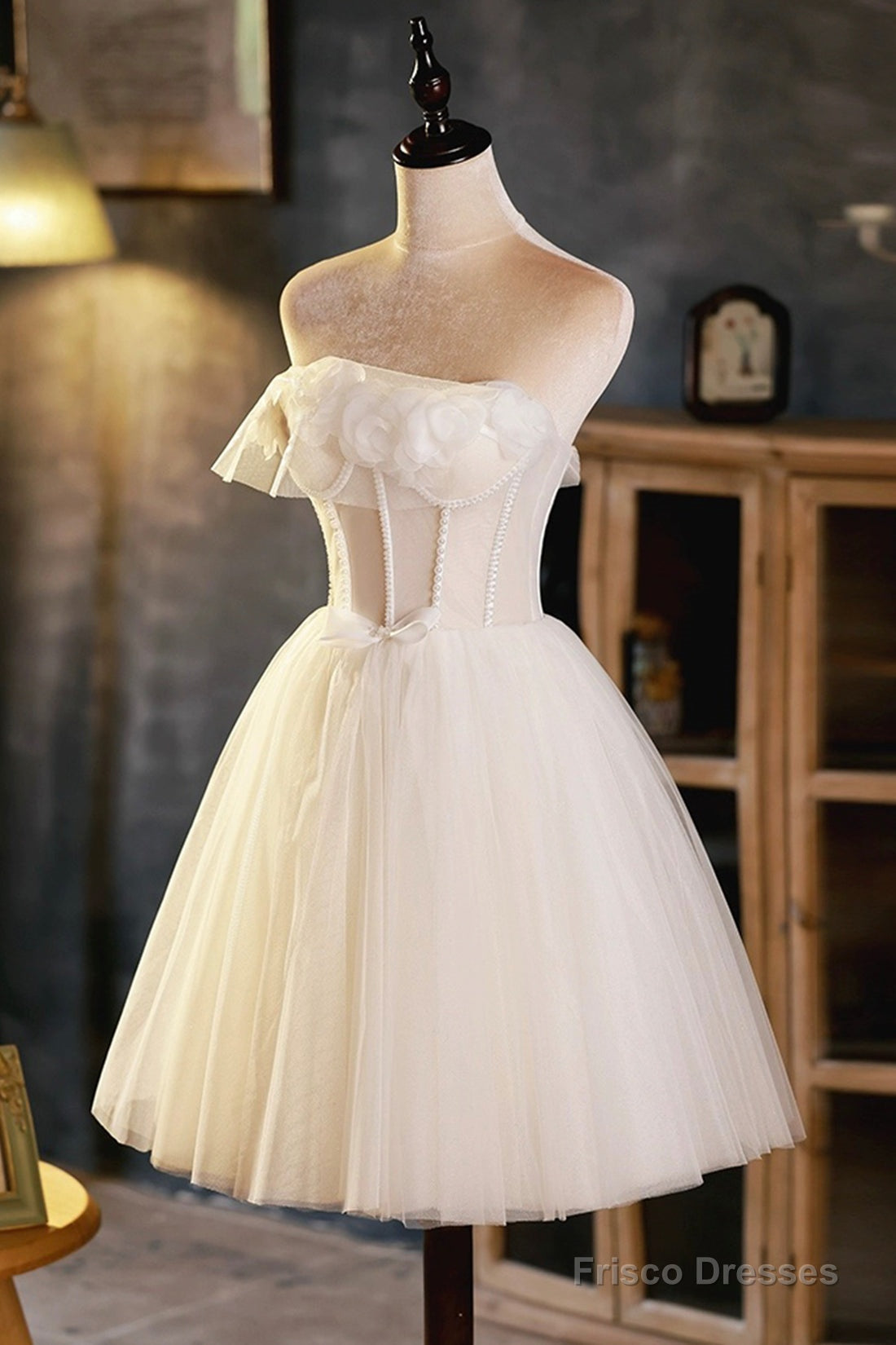 Light Champagne Strapless Tulle Short Prom Dress With 3D Flowers, Cute A-Line Party Dress
