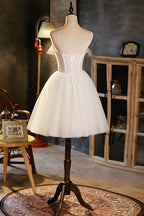 Light Champagne Strapless Tulle Short Prom Dress With 3D Flowers, Cute A-Line Party Dress