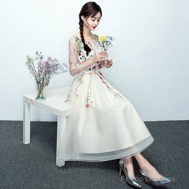 Light Champagne Tea Length Floral Lace Formal Dress Bridesmaid Dress, Cute Short Party Dresses Secondary image