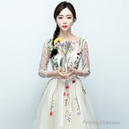Light Champagne Tea Length Floral Lace Formal Dress Bridesmaid Dress, Cute Short Party Dresses