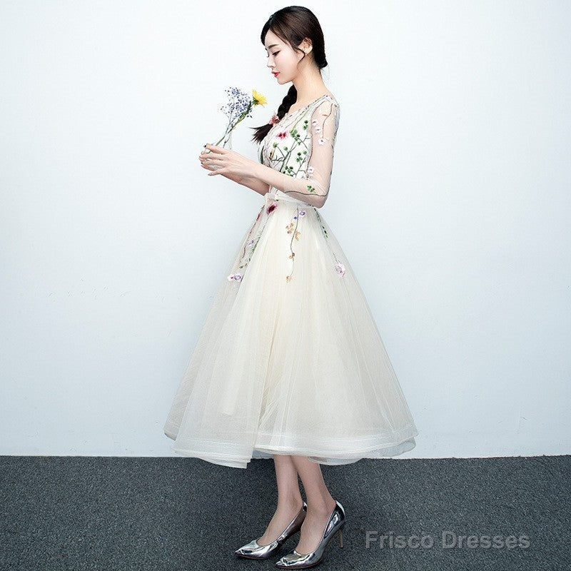 Light Champagne Tea Length Floral Lace Formal Dress Bridesmaid Dress, Cute Short Party Dresses