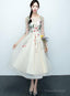 Light Champagne Tea Length Floral Lace Formal Dress Bridesmaid Dress, Cute Short Party Dresses