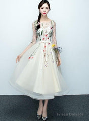Light Champagne Tea Length Floral Lace Formal Dress Bridesmaid Dress, Cute Short Party Dresses