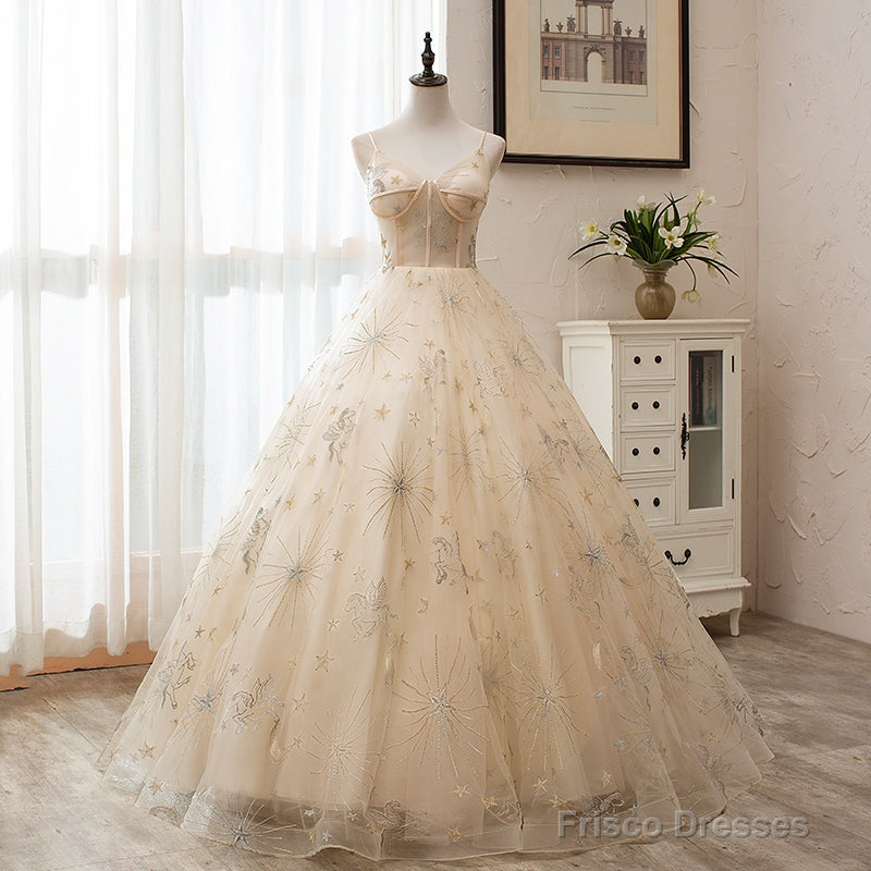 Light Champagne Tulle Ball Gown Straps Sweet 16 Gown, Ball Gown Long Formal Dress Secondary image