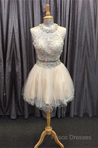 Light Champagne Tulle Lace Beading Homecoming Dress Two Piece Style