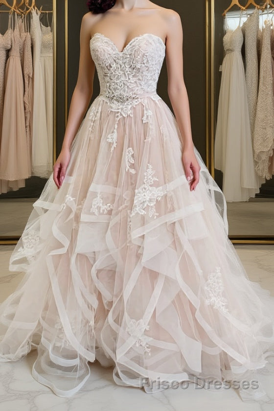 Light champagne tulle lace long Formal Prom Dresses champagne evening Dresses Main image