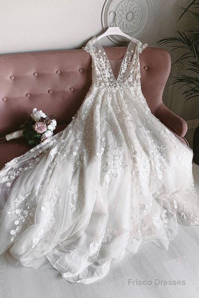Light Champagne Tulle Lace Long Prom Dress, Champagne Wedding Dress Main image