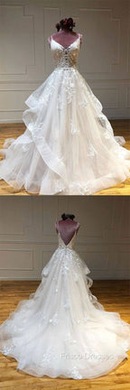 Light Champagne Tulle Lace Long Formal Prom Dress Lace Long Wedding Dress
