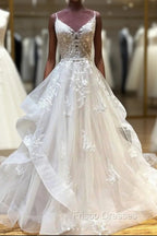 Light Champagne Tulle Lace Long Formal Prom Dress Lace Long Wedding Dress