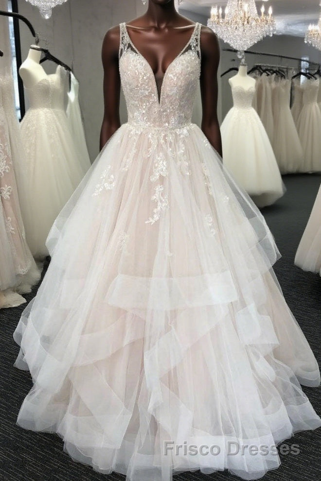 Light champagne tulle lace long Formal Prom Dresses, tulle evening Dresses Main image