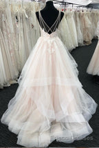 Light champagne tulle lace long Formal Prom Dresses, tulle evening Dresses