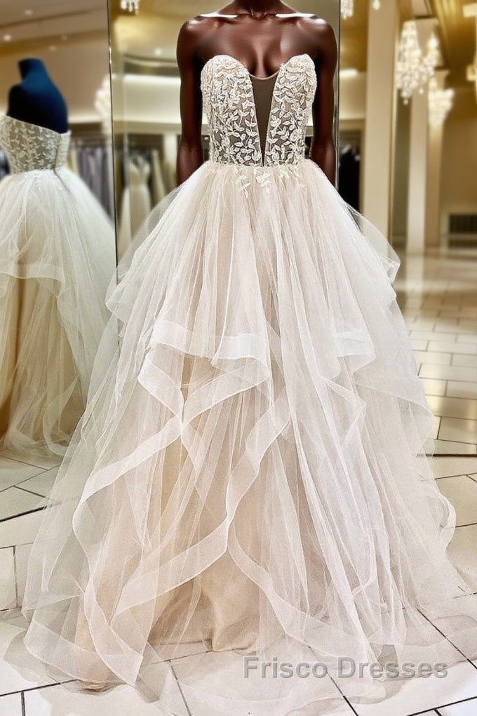 Light champagne tulle lace long Formal Prom Dresses tulle formal Dresses Main image