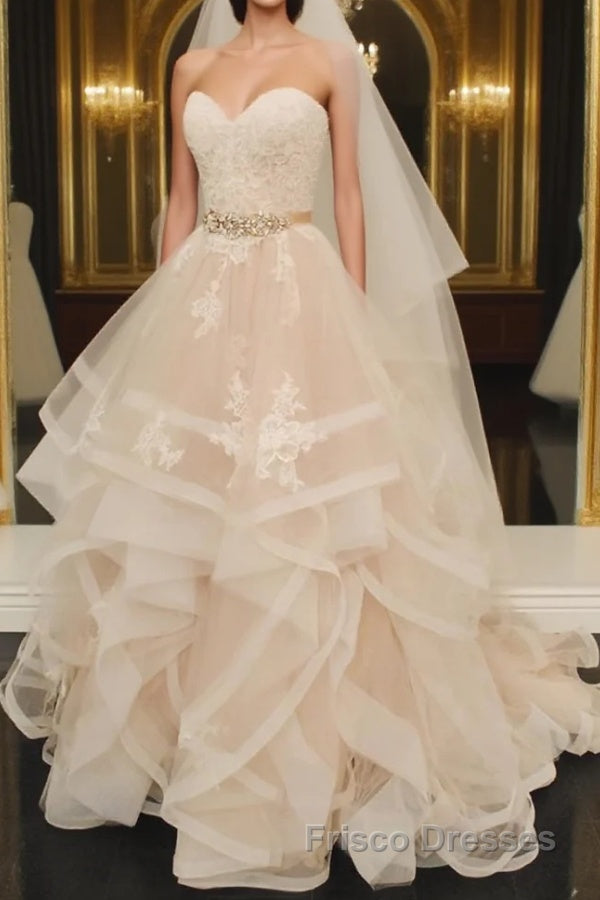 Light champagne tulle lace long Formal Prom Dresses, tulle lace evening Dresses