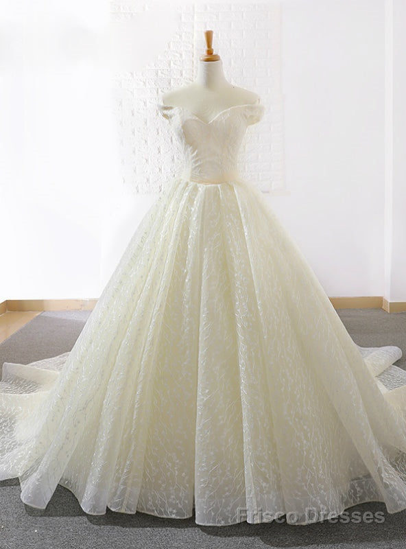 Light Champagne Tulle Off The Shoulder Train Wedding Dress Main image
