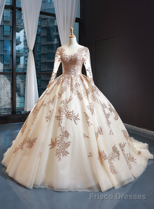 Light Champagne Tulle Sequins Appliques Long Sleeve Backless Prom Dress Main image