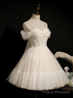 Light Champagne Tulle Short Prom Dress, Puffy Tulle Lace Homecoming Dress