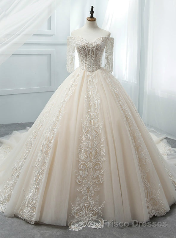 Light Champagne Tulle Short Sleeve Wedding Dress With Beading Main image