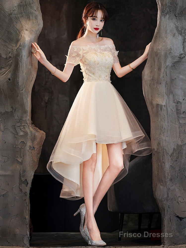 Light Champagne Tulle Short Sleeves High Low Homecoming Dress, Short Party Dress Prom Dress Main image