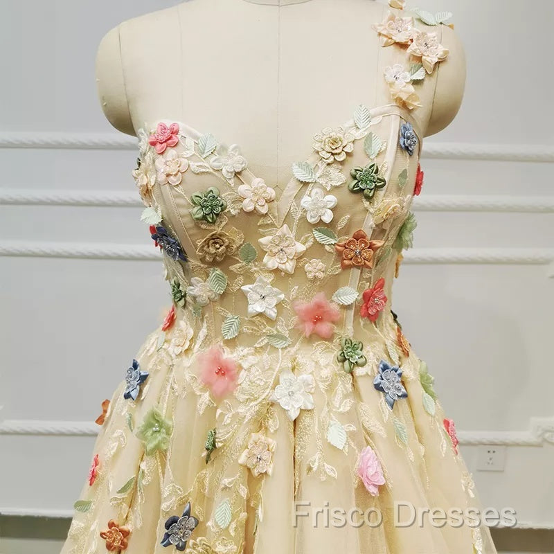Light Champagne Tulle With Flowers Long Formal Dress, A-Line Tulle Formal Dress