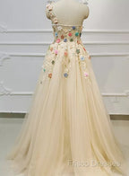 Light Champagne Tulle With Flowers Long Formal Dress, A-Line Tulle Formal Dress