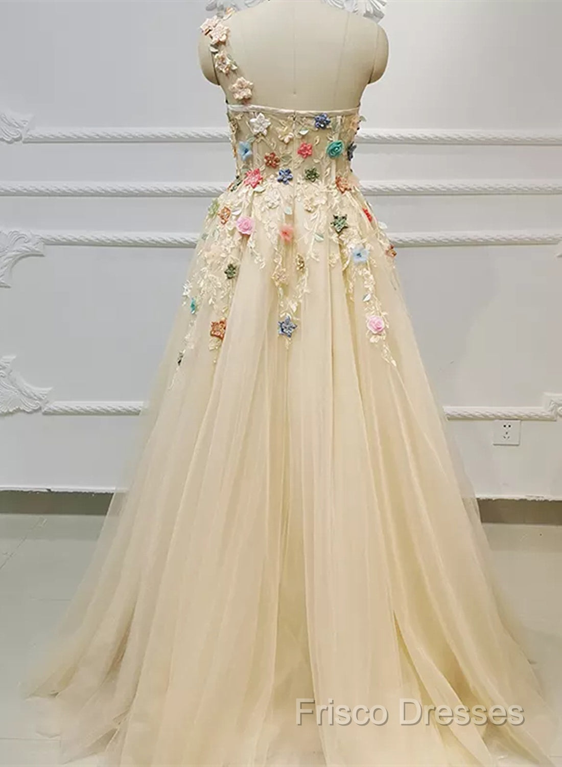 Light Champagne Tulle With Flowers Long Formal Dress, A-Line Tulle Formal Dress