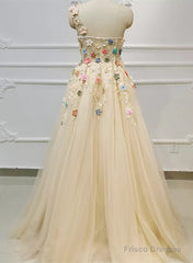 Light Champagne Tulle With Flowers Long Evening Dress, A-Line Tulle Formal Dress